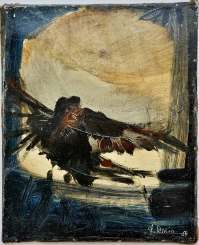 L  oiseau  ma  deuxième  peinture, huile sur toile  22×27 cm  1958   collection particulière